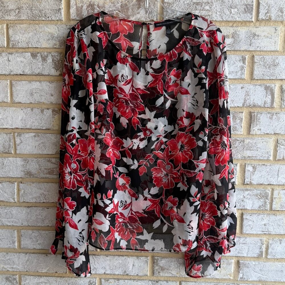 White House Black Market Long Sleeve Round Neck Floral Sheer Blouse Size 12